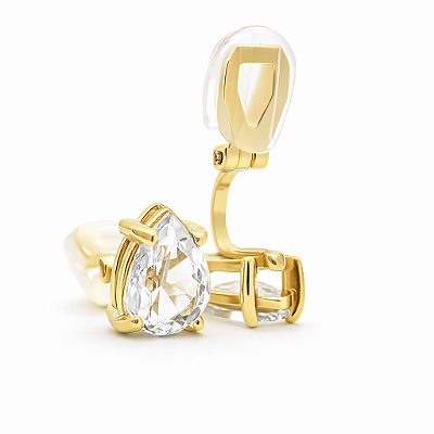 Brinco de Pressão Base Fixa com Pedra de Zircônia Cristal em Formato de Gota - Elegância Deslumbrante - Banho Ouro 18K