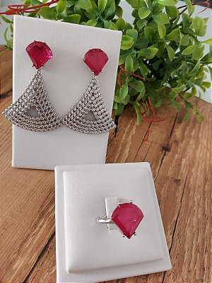 Conjunto triângulo ródio branco com pedra fusion anel n.º18