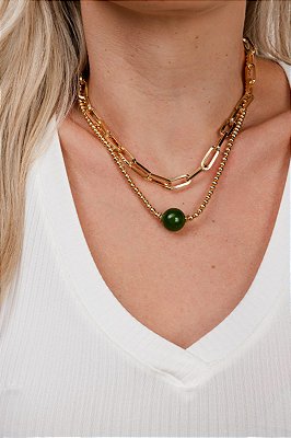 Colar esfera jade esmeralda 46cm