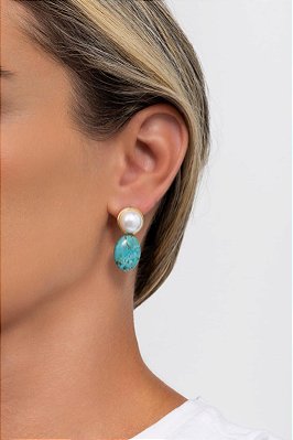 Brinco base pérola e pedra azul