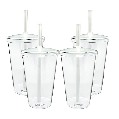 Jogo de Copos com Tampa e Canudo 550ml - Acrílico 4 Peças