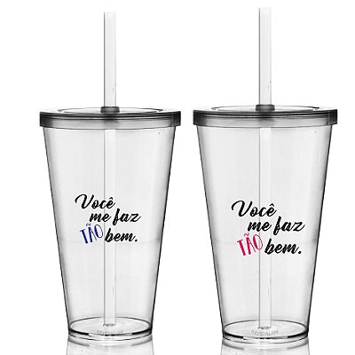 Copo Personalizado com Canudo 2 unidades para Shake com Tampa 550ml - Dias dos Namorados - Você me faz tão bem