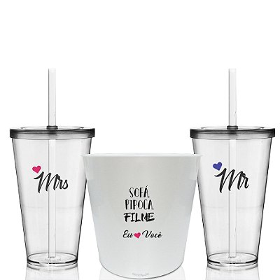 Balde de Pipoca com Copo para Dia dos Namorados - Kit com 2 Copos Personalizados Mrs e Ms