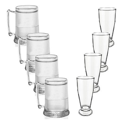 Kit 4 Canecas Gel Congelante 400ml e 4 Copos Tulipa 330ml - Acrilico