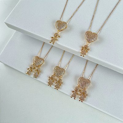 Colar Folheado Ouro 18k Filhos Coração Zircônias Cravejadas