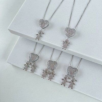 Colar Folheado Prata 925 Filhos Coração Zircônias Cravejadas