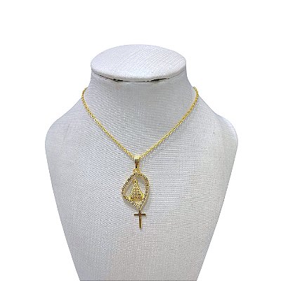 Colar Folheado Ouro 18k e Prata 925 Nossa Senhora Strass