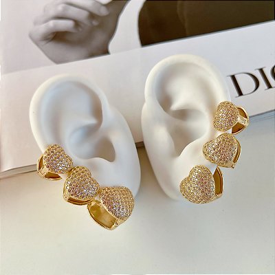 Trio Brincos Folheado Ouro 18k e Prata 925 Argolas Coração Cravejado