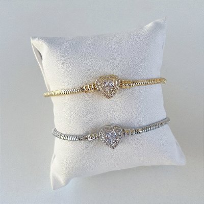Pulseira Folheada Ouro 18k e Prata 925 Inspired Coração Cristal Cravejado