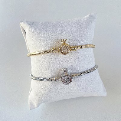 Pulseira Folheada Ouro 18k e Prata 925 Inspired Coroa Cravejado