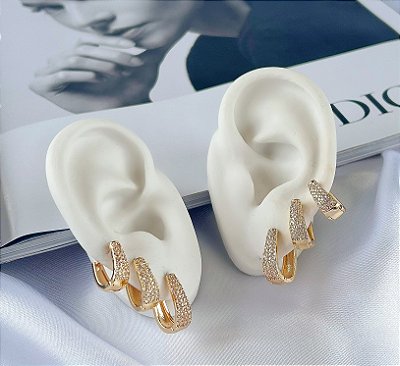Trio Brincos Folheado Ouro 18k e Prata 925 Argolas Gota Cravejada