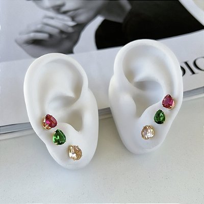 Trio Brincos Folheado Ouro 18k Gota