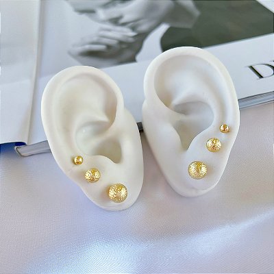 Trio Brincos Folheado Ouro 18k e Prata 925 Bolinha Trabalhada