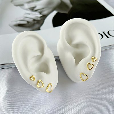 Trio Brincos Folheado Ouro 18k e Prata 925 Coração