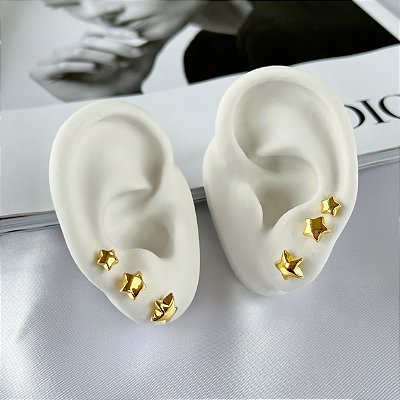 Trio Brincos Folheado Ouro 18k e Prata 925 Estrela