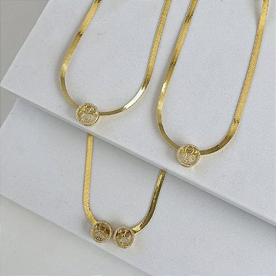 Choker Folheada Ouro 18k Fita Laminada Filhos Mandala Cravejados