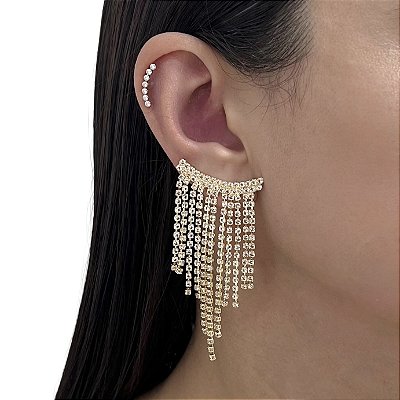 Brinco Folheado Ouro 18k e Prata 925 Franja Strass Leque