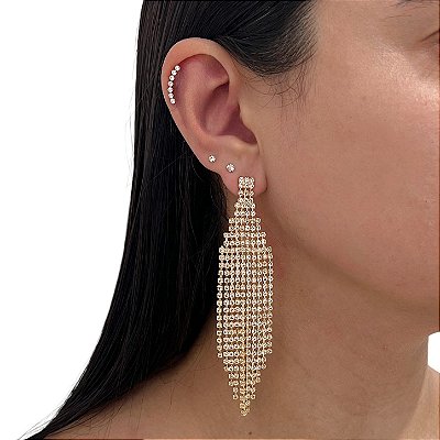 Brinco Folheado Ouro 18k e Prata 925 Franja Strass Losango Pirâmide