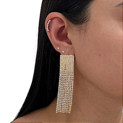 Brinco Folheado Ouro 18k e Prata 925 Franja Strass Quadrado Menor