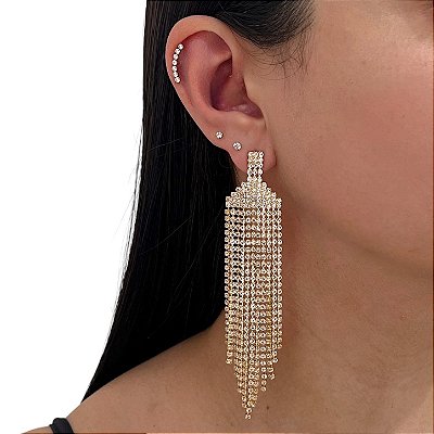 Brinco Folheado Ouro 18k e Prata 925 Franja Strass Losango Torre