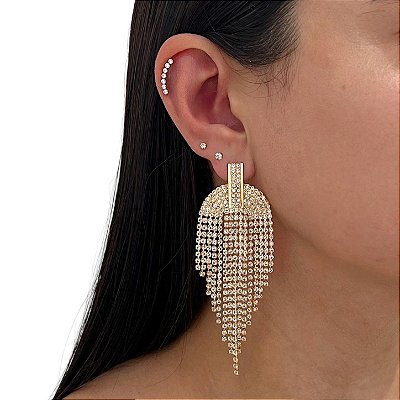 Brinco Folheado Ouro 18k e Prata 925 Franja Strass Arco Fechado