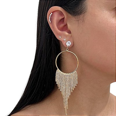 Brinco Folheado Ouro 18k e Prata 925 Franja Strass Argola Ponto de Luz