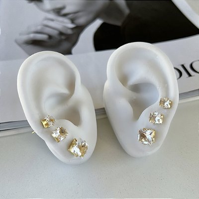 Trio Brincos Folheado Ouro 18k Quadrado