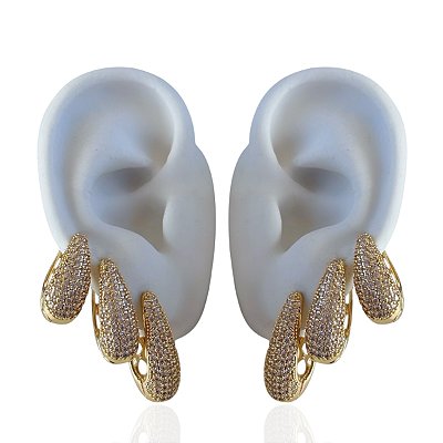 Trio Brincos Folheado Ouro 18k e Prata 925 Argolas Gota Cravejada