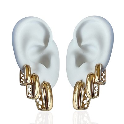 Trio Brincos Folheado Ouro 18k e Prata 925 Argolas Quadrada Abaulada