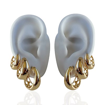 Trio Brincos Folheado Ouro 18k e Prata 925 Argolas Abaulada