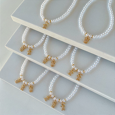 Colar Folheado Ouro 18k Pérolas Filhos Cravejados