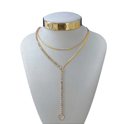 Colar Duplo Folheado Ouro 18k Gravatinha Riviera Coração