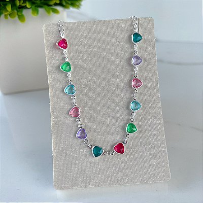 Choker Folheada Prata 925 Corações Cristais
