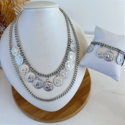 Conjunto Correntaria Duplo Bijuteria Moedas