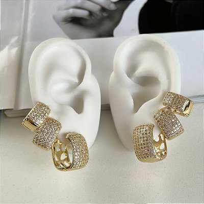 Trio Brincos Folheado Ouro 18k e Prata 925 Argolas Quadrada Cravejada