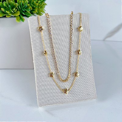Colar Duplo Folheado Ouro 18k e Prata 925 Riviera Estrelas
