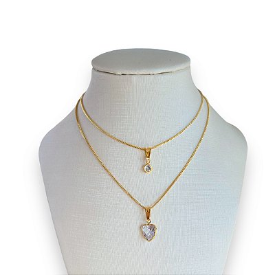 Colar Duplo Folheado Ouro 18k Ponto de Luz Coração