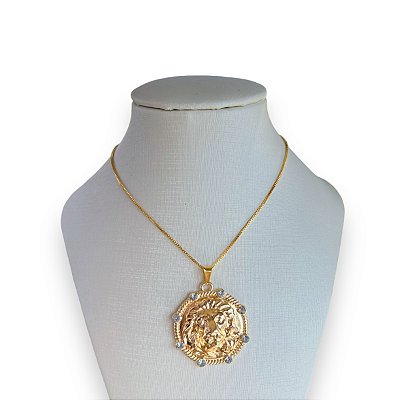 Colar Folheado Ouro 18k Leão Strass