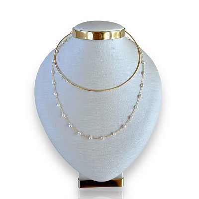 Choker Dupla Folheado Ouro 18k Aro Corações Pérolas