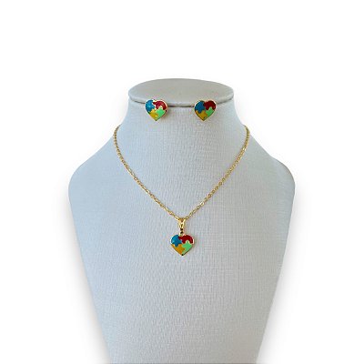 Conjunto Infantil Folheado Ouro 18k e Prata 925 Coração Autista
