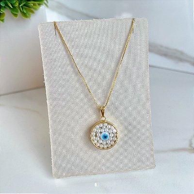 Colar Folheado Ouro 18k e Prata 925 Cápsula Olho Grego Pérolas