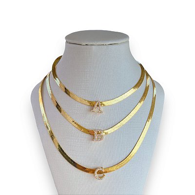 Choker Folheada Ouro 18k e Prata 925 Letra Inicial Cravejada Fita Laminada