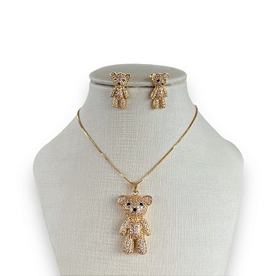 Conjunto Folheado Ouro 18k e Prata 925 Inspired Urso Cravejado