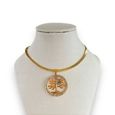 Choker Folheada Ouro 18k e Prata 925 Fita Laminada Árvore da Vida Strass