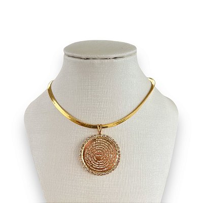 Choker Folheada Ouro 18k e Prata 925 Fita Laminada Pai Nosso Strass