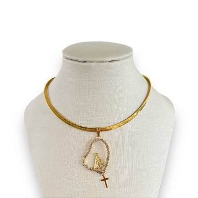 Choker Folheada Ouro 18k e Prata 925 Fita Laminada Nossa Senhora Strass