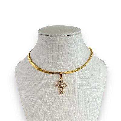 Choker Folheada Ouro 18k e Prata 925 Fita Laminada Cruz Strass