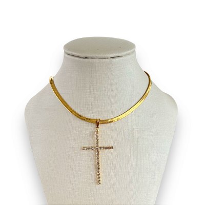 Choker Folheada Ouro 18k e Prata 925 Fita Laminada Cruz Strass