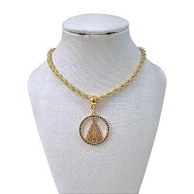 Colar Folheado Ouro 18k Cordão Baiano Nossa Senhora Cravejada