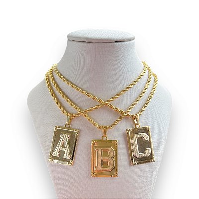 Colar Folheada Ouro 18k e Prata 925 Letra Inicial Placa